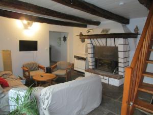 a living room with a couch and a fireplace at Grand Gîte à la ferme in Les Costes-Gozon