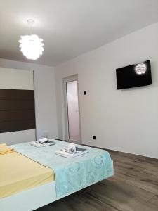 a bedroom with a bed and a tv on the wall at Apartament Cezar Faleza-Nord Constanta-Plaja Reyna in Constanţa