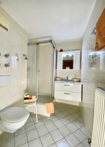 a white bathroom with a shower and a toilet at Berghof Punzenlehen - nahe Königssee in Bischofswiesen