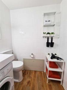 a white bathroom with a toilet and a sink at Ferienwohnung Appartement Bad Bergzabern mit Schwimmbad und Sauna in Bad Bergzabern