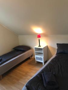 a bedroom with two beds and a lamp on a night stand at Tufte Gård in Ulefoss