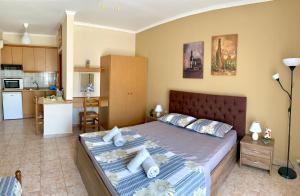 a bedroom with a large bed and a kitchen at Theodora’s Studios in Repanídhion