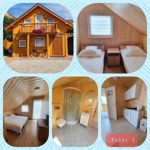 a collage of four pictures of a cabin at Maja in Łeba