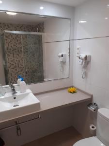 ein Badezimmer mit einem Waschbecken, einem Spiegel und einem WC in der Unterkunft Benal Beach Estudio Playa in Benalmádena