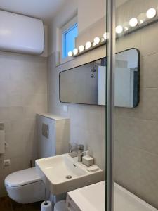 La salle de bains est pourvue d'un lavabo, de toilettes et d'un miroir. dans l'établissement Apartment View, à Užice