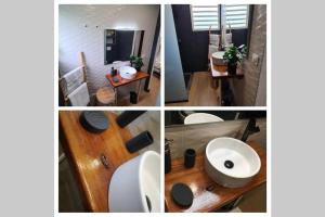 a collage of four pictures of a bathroom at Studio chic et cosy in Cayenne