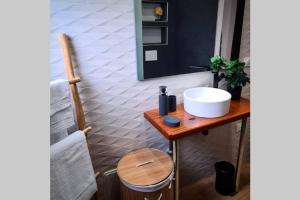 カイエンヌにあるStudio chic et cosyのバスルーム(木製テーブルのシンク付) +4枚の写真