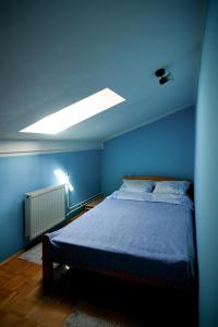 LazarevacにあるApartman 23の青い天井のベッドルーム1室(ベッド1台付)