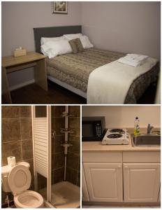 two pictures of a hotel room with a bed and a sink at Saint Lawrence Residences and Suites in Toronto