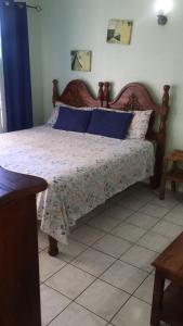 een slaapkamer met een groot bed met blauwe kussens bij Panoramic View@Sky Castles, Columbus Heights in Ocho Rios