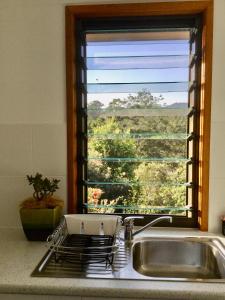 eine Küchenspüle mit einem Fenster mit Aussicht in der Unterkunft The Croft Bed and Breakfast in Murwillumbah