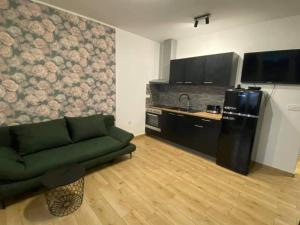 a living room with a green couch and a kitchen at Apartma Šelih Mandre - Pag in Mandre