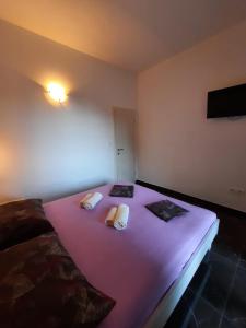 a bedroom with a purple bed with two pillows on it at Apartments Pitarević in Saplunara