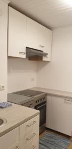 a white kitchen with a stove and a sink at Pension Haus Christl in Kitzbühel