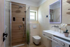 a bathroom with a shower and a toilet and a sink at TEONA Luxury Studio Apartment with jacuzzi and garden view in Sali