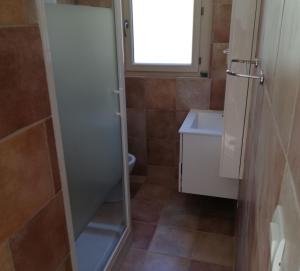 uma casa de banho com um chuveiro, um WC e um lavatório. em Gîte43 em Decazeville