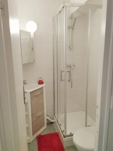 y baño con ducha, aseo y lavamanos. en Suite Athéna - Melun gare RER - Studio avec Balcon et parking en Melun