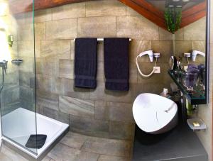 a bathroom with a sink and a toilet and a shower at Hôtel La Maison du Prussien in Neuchâtel