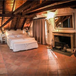 ein Schlafzimmer mit einem Bett und einem Kamin in der Unterkunft Hôtel La Maison du Prussien in Neuenburg