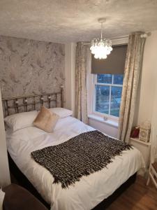 1 dormitorio con 1 cama con lámpara de araña y ventana en Havisham Studio Flat Rochester ME1 1XZ en Strood