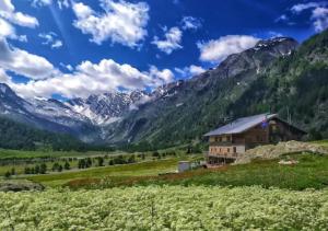 a house in a field with mountains in the background at Medieval Hamlet Malpertus in Bobbio Pellice