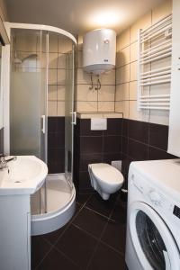 een badkamer met een toilet, een wastafel en een wasmachine bij High Floor Vision Apartment in Opole