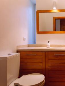 Un baño con inodoro, lavabo y espejo. en Quinta da Aurora, en Évora