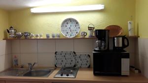 eine Küche mit einer Spüle, einer Kaffeemaschine und einem Kühlschrank in der Unterkunft Ferienwohnung Putbus in Putbus