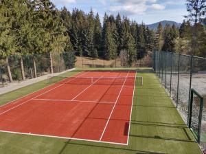 a tennis court with a net on it at Holiday Park Orava Bungalows in Dolný Kubín