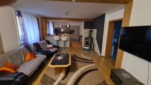uma sala de estar com um sofá e uma lareira em Ferienwohnung Gottlebe em Ilmenau