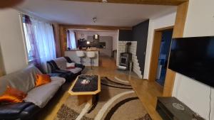 a living room with a couch and a fireplace at Ferienwohnung Gottlebe in Ilmenau