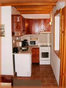 a small kitchen with white appliances and wooden cabinets at Motylek 8 in Borušov