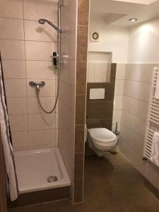 a bathroom with a shower and a toilet and a tub at Hotel Isabella in Frankfurt