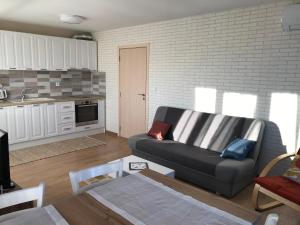 uma sala de estar com um sofá e uma cozinha em апартамент Граф Игнатиев 2 em Yambol