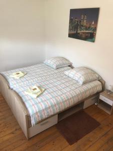 1 cama en un dormitorio con una foto en la pared en Ferienwohnung Im Bachgrund, en Schlitz