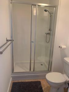 a bathroom with a shower and a toilet at Ayr Cozy Corner Apartment in Ayr +17 photos