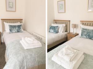 two pictures of a bedroom with two beds at The Hideout in Oakham