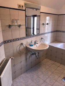 a bathroom with a sink and a mirror and a tub at Nagybajcsi Lovaspark és Otthon vendégház in Nagybajcs