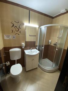 a bathroom with a shower and a toilet and a sink at Villa Sky in Mamaia