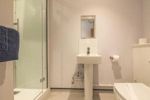 a bathroom with a sink and a toilet and a mirror at No 5 Ocean Cabins - Saundersfoot Harbour - Saundersfoot in Saundersfoot