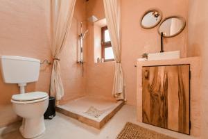 a bathroom with a toilet and a shower at The Lemon Lodge in Aljezur