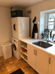 uma cozinha com um lavatório e uma máquina de lavar roupa em Tøndegården 3 rooms apartment em Odense