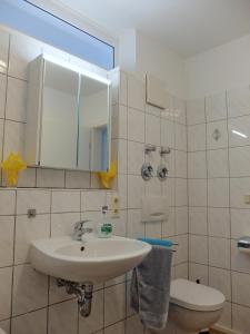 ein Badezimmer mit einem Waschbecken, einem WC und einem Spiegel in der Unterkunft Ferienwohnung Ruske in Friedrichshafen