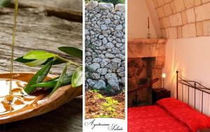 two pictures of a room with a plant and a fireplace at Agriturismo Masseria Saittole in Carpignano Salentino