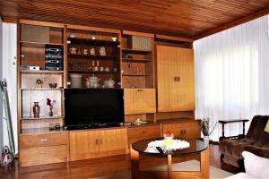 een woonkamer met een tv en een salontafel bij Apartma Mika in Most na Soči
