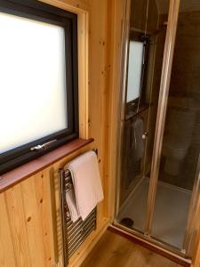 a bathroom with a shower and a window and a towel at The Stag Pod Farm Stay with Hot Tub Sleeps 2 Ayrshire Rural Retreats in Galston