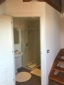 ein Bad mit einer Dusche und einem Waschbecken in der Unterkunft Barcola mare apartment in Triest