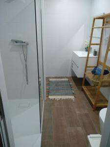 uma casa de banho com um chuveiro, um WC e um lavatório. em Apartamentos Areia e Mar Norte em Vila Praia de Âncora