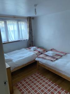 two beds in a room with a window and a rug at Tyddyn Bach Barn in Betws-y-coed