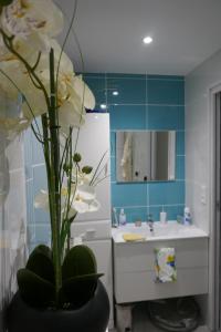 a bathroom with a sink and a vase with white flowers at T2 à Sérignan Hérault in Sérignan